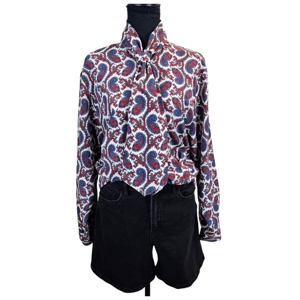 Vintage 1970s Leslie Fay Paisley Bow Collar Blouse Size Medium Red White Retro - Picture 2 of 15